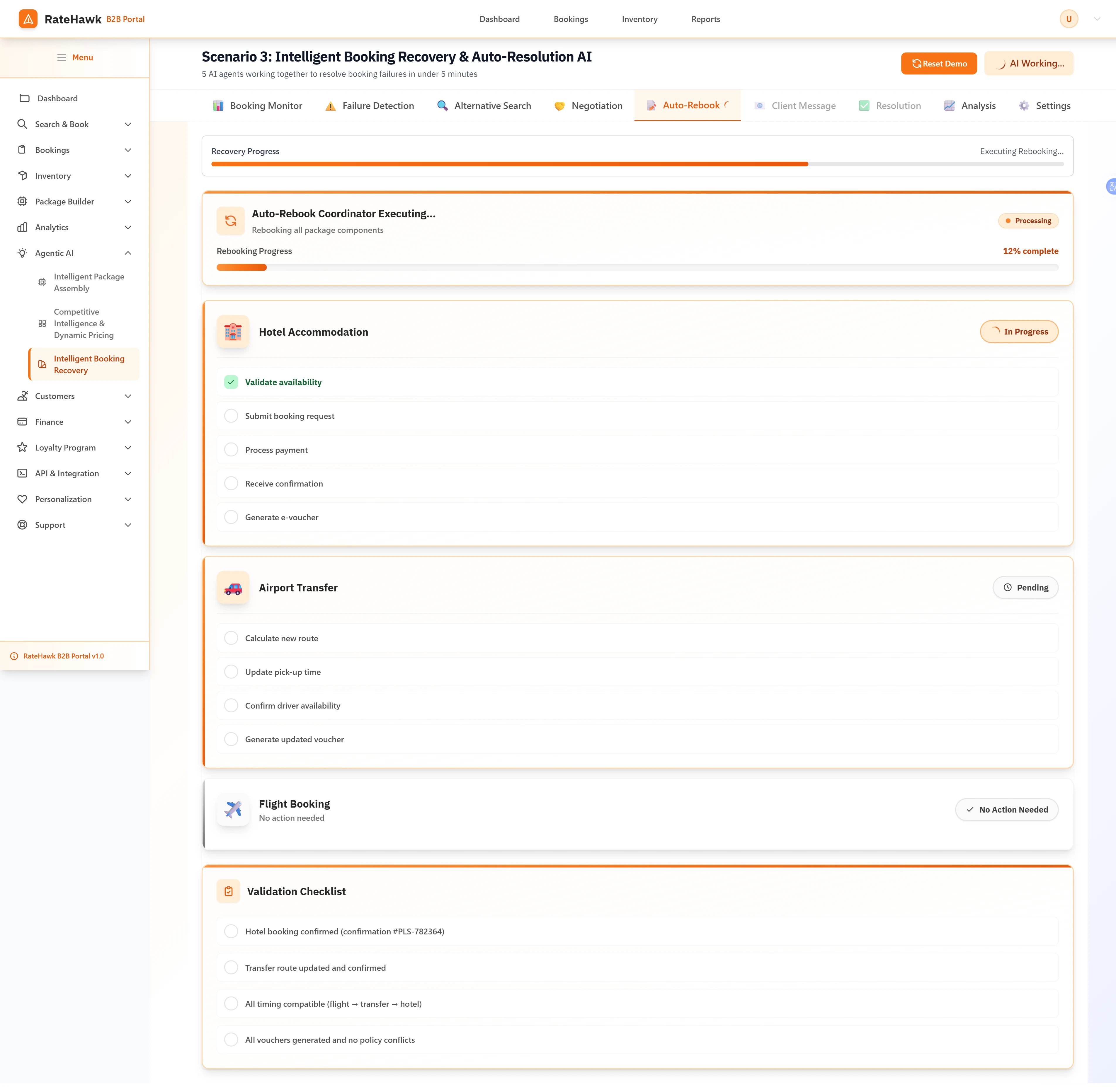 Auto-Rebook Coordinator - Live recovery process showing component rebooking progress, validation checklist, and automated coordination workflow